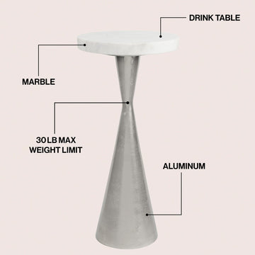 Ziggy 22" Contemporary Designer Metal Drink Table and Decorative End Table with White Marble Round Top and Cone Pedestal Base